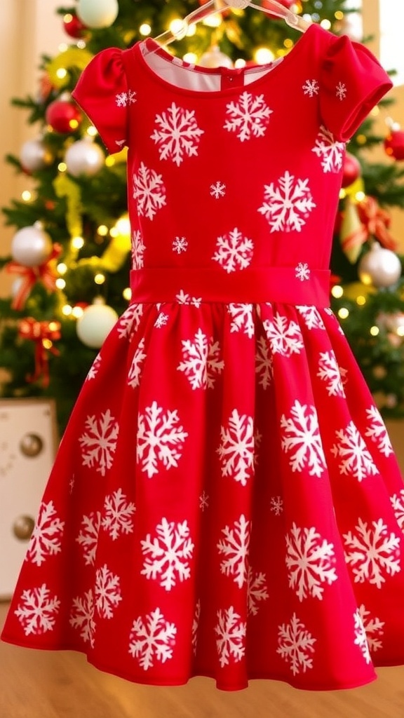 A red Christmas dress with snowflake patterns for a 7-year-old girl, displayed against a backdrop of a decorated Christmas tree.
